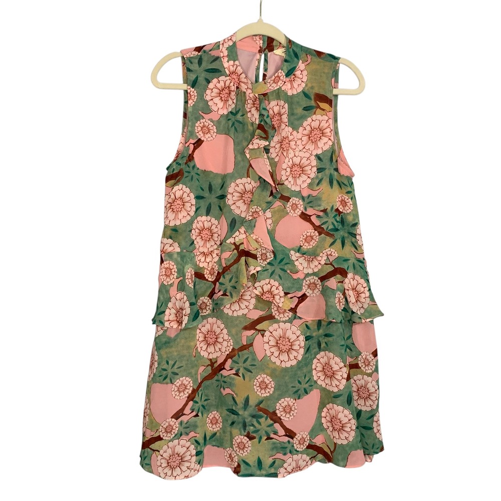 Entro Floral Print Sleeveless Dress Ruffle Mock‎ Neck Tiered Pink Green Medium